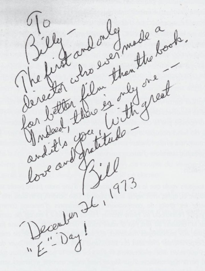 Bilhete de Willian Peter Blatty para Willian Friedkin @ Acervo Pessoal